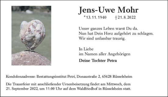 Traueranzeige von Jens-Uwe Mohr von vrm-trauer Rüsselsheimer Echo / MainSpitze