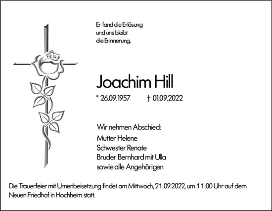 Traueranzeige von Joachim Hill von vrm-trauer Hochheimer Zeitung