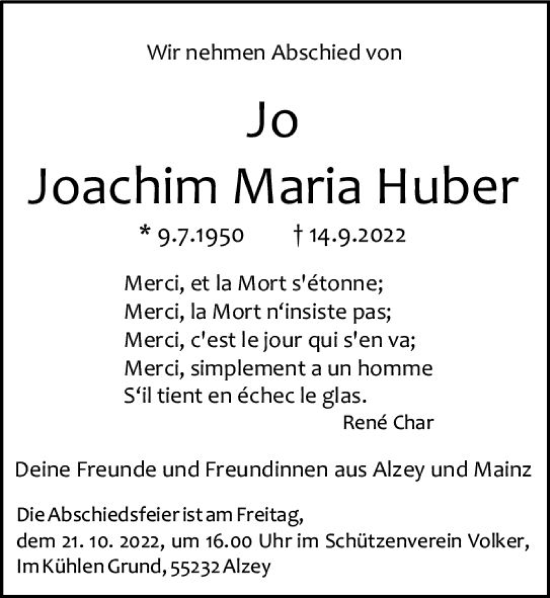 Traueranzeige von Joachim Maria Huber von vrm-trauer Allgemeine Zeitung Alzey