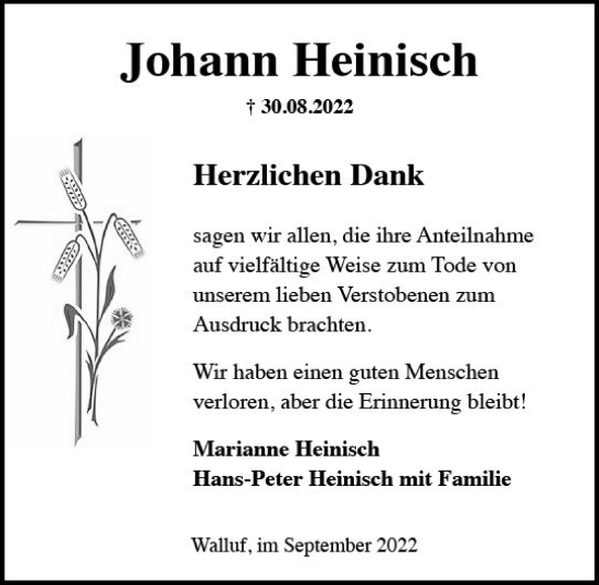 Traueranzeige von Johann Heinisch von vrm-trauer Rheingau