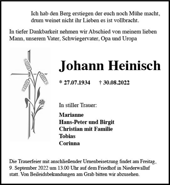 Traueranzeige von Johann Heinisch von vrm-trauer Rheingau