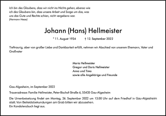 Traueranzeige von Johann Hellmeister von vrm-trauer Allgemeine  Zeitung Ingelheim-Bingen