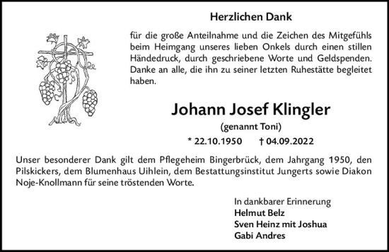 Traueranzeige von Johann Josef Klingler von vrm-trauer Allgemeine  Zeitung Ingelheim-Bingen