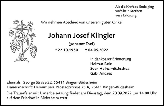 Traueranzeige von Johann Josef Klingler von vrm-trauer Allgemeine  Zeitung Ingelheim-Bingen