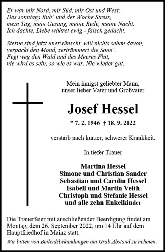 Traueranzeige von Josef Hessel von vrm-trauer AZ Mainz