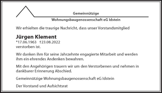 Traueranzeige von Jürgen Klement von vrm-trauer Idsteiner Zeitung