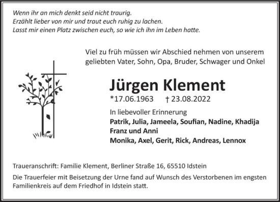 Traueranzeige von Jürgen Klement von vrm-trauer Idsteiner Zeitung