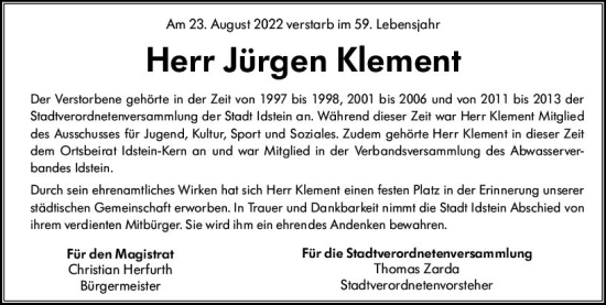 Traueranzeige von Jürgen Klement von vrm-trauer Idsteiner Zeitung