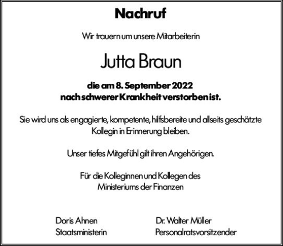 Traueranzeige von Jutta Braun von vrm-trauer Allgemeine Zeitung Alzey