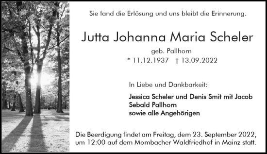 Traueranzeige von Jutta Johanna Maria Scheler von vrm-trauer AZ Mainz