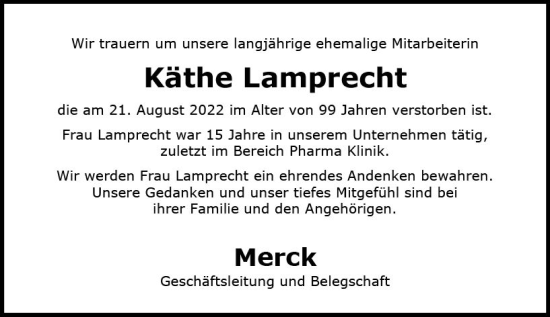 Traueranzeige von Käthe Lamprecht von vrm-trauer Darmstädter Echo