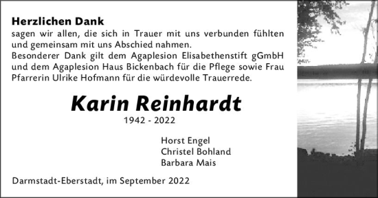 Traueranzeige von Karin Reinhardt von vrm-trauer Darmstädter Echo