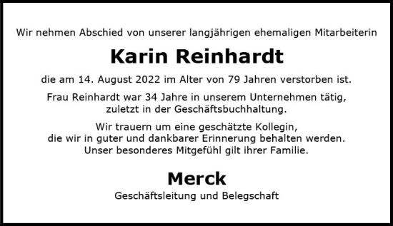 Traueranzeige von Karin Reinhardt von vrm-trauer Darmstädter Echo