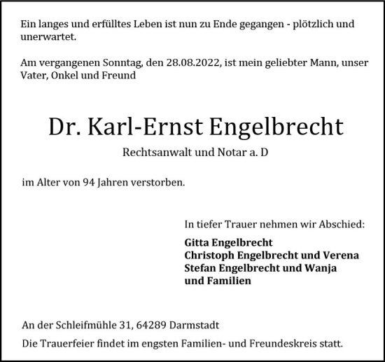 Traueranzeige von Karl-Ernst Engelbrecht von vrm-trauer Darmstädter Echo