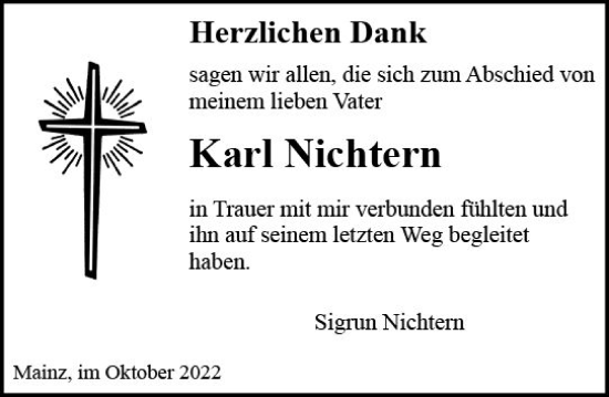 Traueranzeige von Karl Nichtern von vrm-trauer AZ Mainz