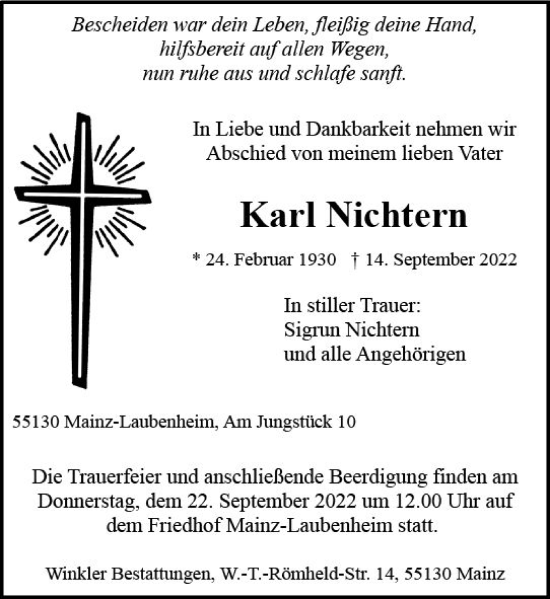 Traueranzeige von Karl Nichtern von vrm-trauer AZ Mainz