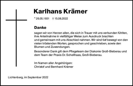Traueranzeige von Karlhans Krämer von vrm-trauer Darmstädter Echo
