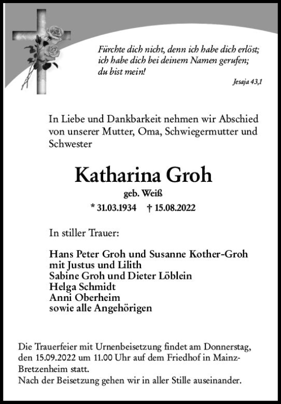 Traueranzeige von Katharina Groh von vrm-trauer AZ Mainz