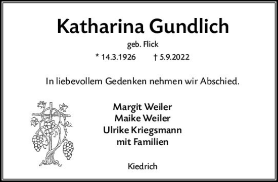 Traueranzeige von Katharina Gundlich von vrm-trauer Rheingau