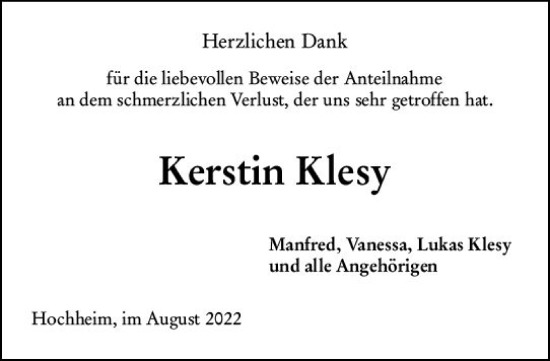 Traueranzeige von Kerstin Klesy von vrm-trauer Hochheimer Zeitung