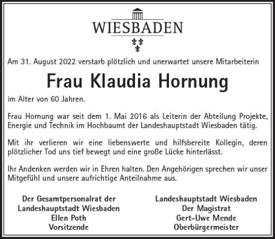Traueranzeige von Klaudia Hornung von vrm-trauer Wiesbadener Kurier