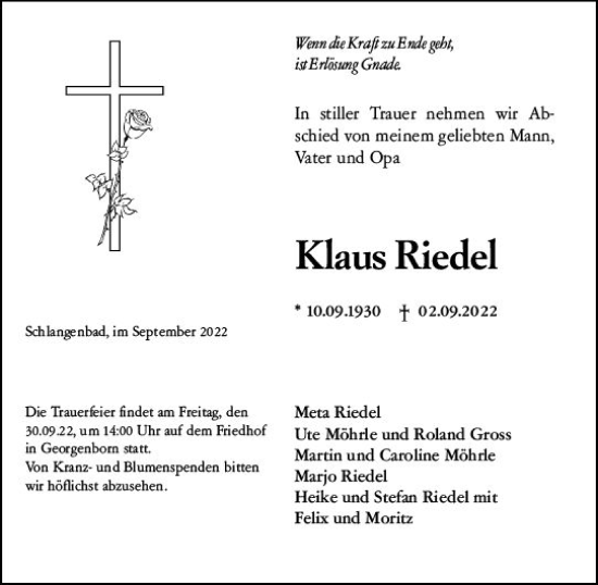 Traueranzeige von Klaus Riedel von vrm-trauer Wiesbadener Kurier