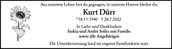 Traueranzeige von Kurt Dürr von vrm-trauer Wormser Zeitung