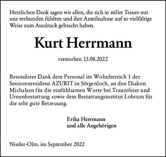 Traueranzeige von Kurt Herrmann von vrm-trauer AZ Mainz