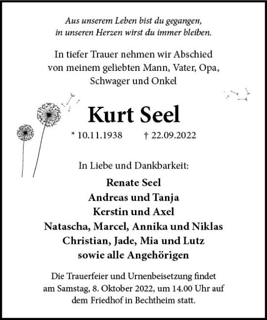 Traueranzeige von Kurt Seel von vrm-trauer Idsteiner Zeitung