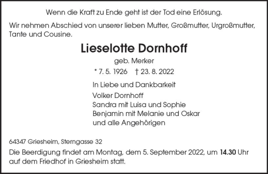 Traueranzeige von Lieselotte Dornhoff von vrm-trauer Darmstädter Echo