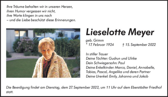 Traueranzeige von Lieselotte Meyer von vrm-trauer Darmstädter Echo