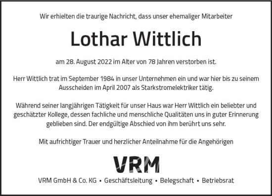 Traueranzeige von Lothar Wittlich von vrm-trauer Wiesbadener Kurier