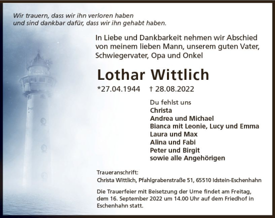 Traueranzeige von Lothar Wittlich von vrm-trauer Idsteiner Zeitung