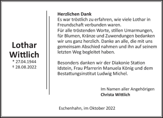 Traueranzeige von Lothar Wittlich von vrm-trauer Idsteiner Zeitung