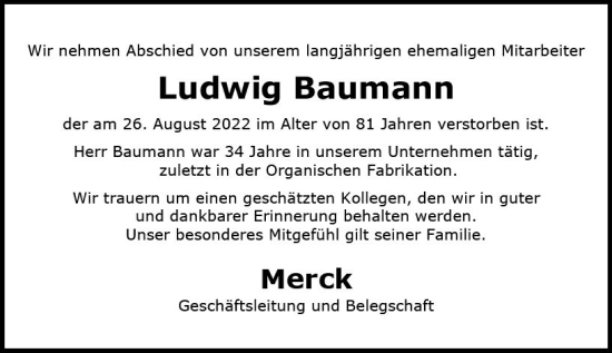 Traueranzeige von Ludwig Baumann von vrm-trauer Darmstädter Echo