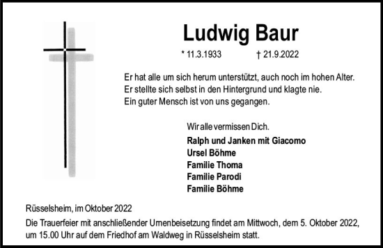 Traueranzeige von Ludwig Baur von vrm-trauer Rüsselsheimer Echo / MainSpitze