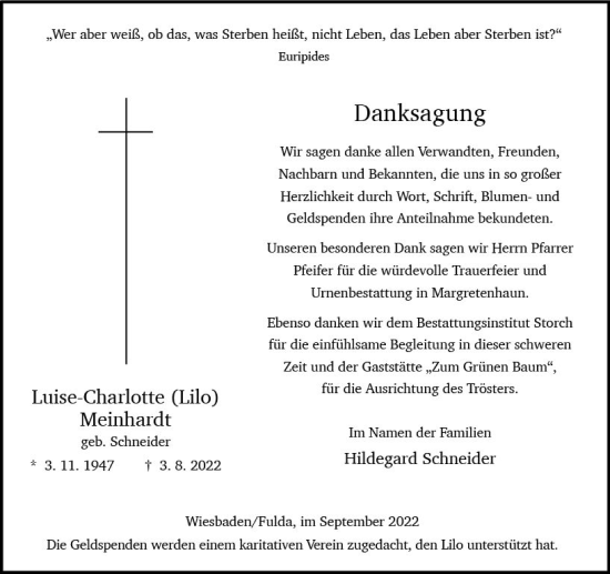 Traueranzeige von Luise-Charlotte Meinhardt von vrm-trauer Wiesbadener Kurier