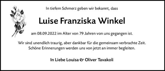 Traueranzeige von Luise Franziska Winkel von vrm-trauer Wiesbadener Kurier
