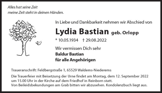 Traueranzeige von Lydia Bastian von vrm-trauer Idsteiner Zeitung