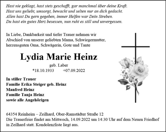 Traueranzeige von Lydia Marie Heinz von vrm-trauer Darmstädter Echo