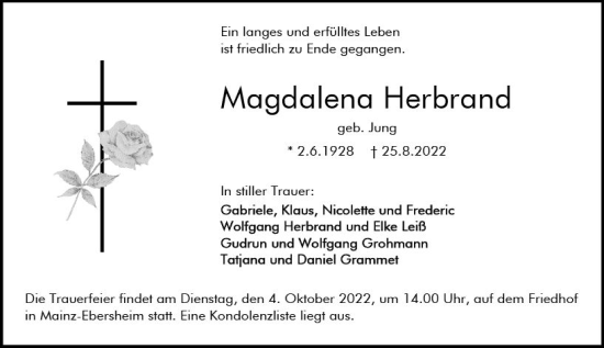 Traueranzeige von Magdalena Herbrand von vrm-trauer AZ Mainz