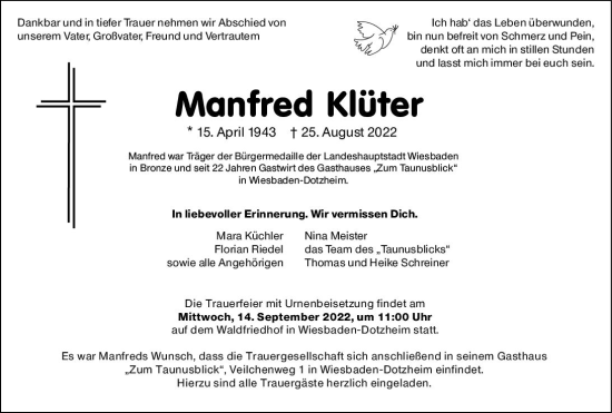 Traueranzeige von Manfred Klüter von vrm-trauer Wiesbadener Kurier