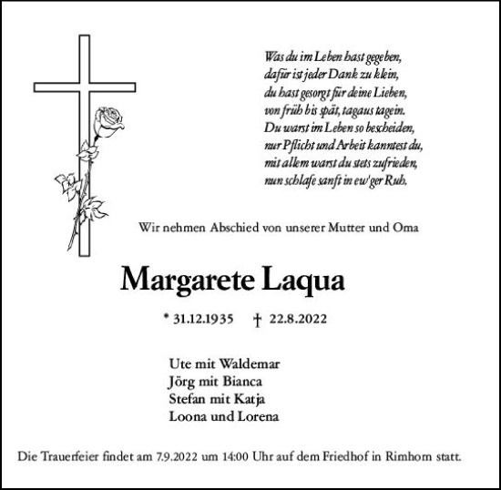 Traueranzeige von Margarete Laqua von vrm-trauer Odenwälder Echo