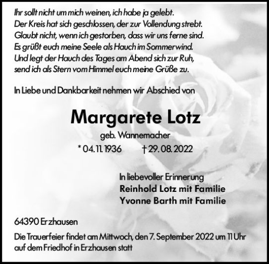 Traueranzeige von Margarete Lotz von vrm-trauer Darmstädter Echo