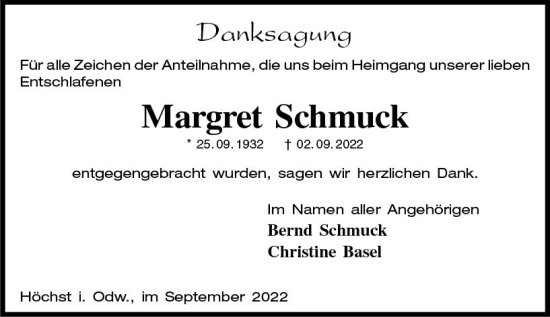 Traueranzeige von Margret Schmuck von vrm-trauer Odenwälder Echo