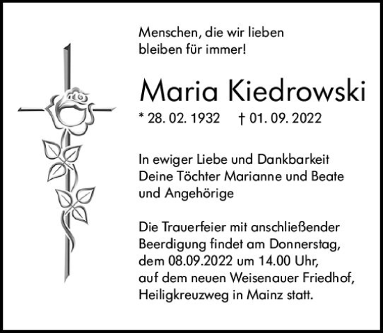 Traueranzeige von Maria Kiedrowski von vrm-trauer AZ Mainz