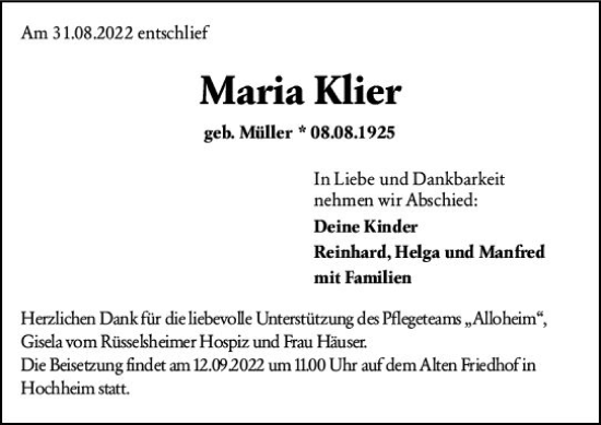 Traueranzeige von Maria Klier von vrm-trauer Rüsselsheimer Echo / MainSpitze