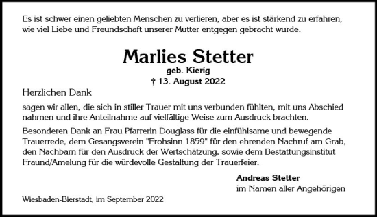 Traueranzeige von Marlies Stetter von vrm-trauer Wiesbadener Kurier