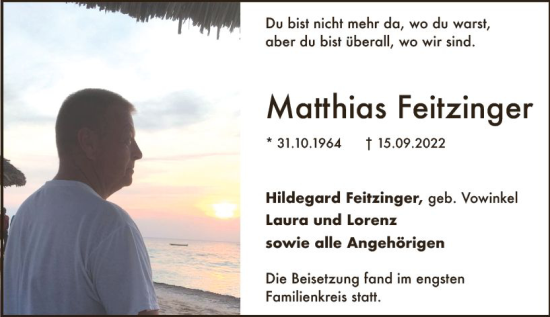Traueranzeige von Matthias Feitzinger von vrm-trauer Wiesbadener Kurier