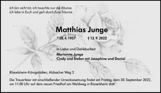 Traueranzeige von Matthias Junge von vrm-trauer Rüsselsheimer Echo / MainSpitze